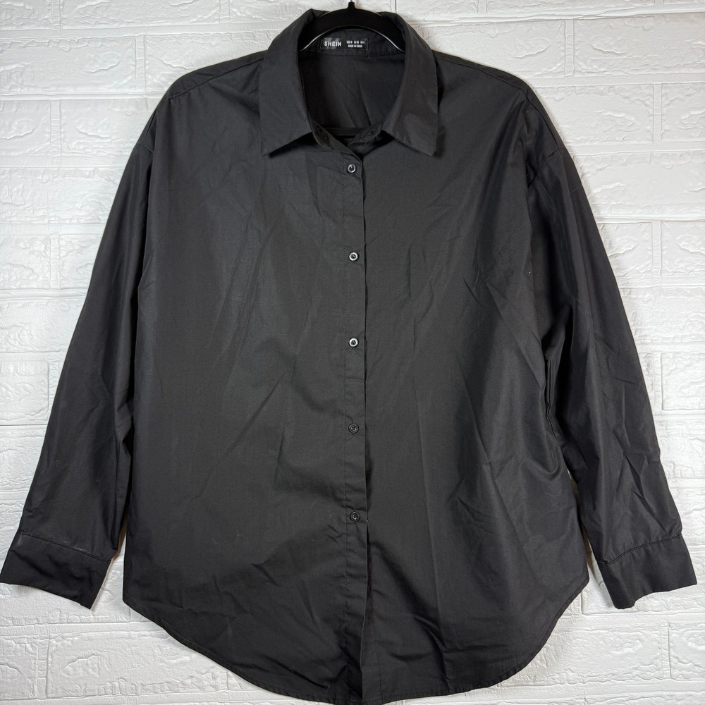 Button Down Shirt Womens Size M Black Oversized Long Sleeve Blouse